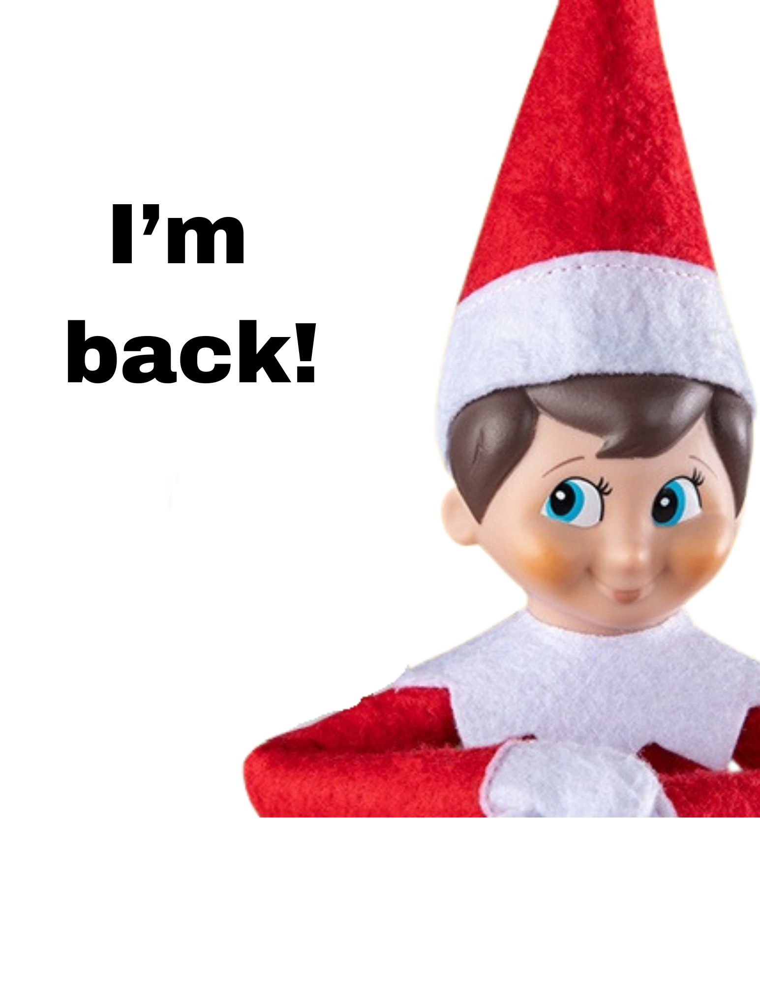 Picture of an elf wearing a santa hat. Text says, "I'm back!"