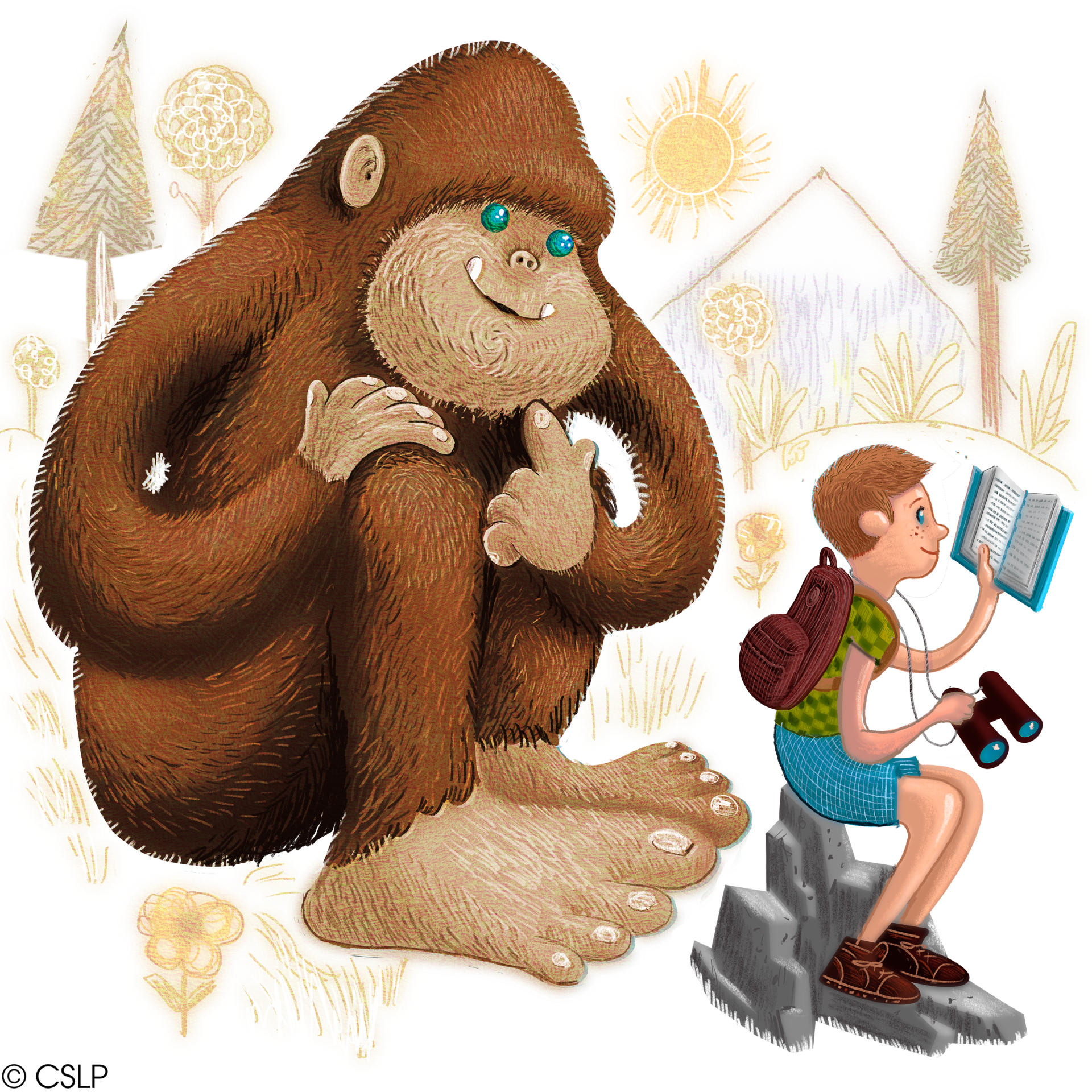 cartoon image of bigfoot sitting next to boy reading a book