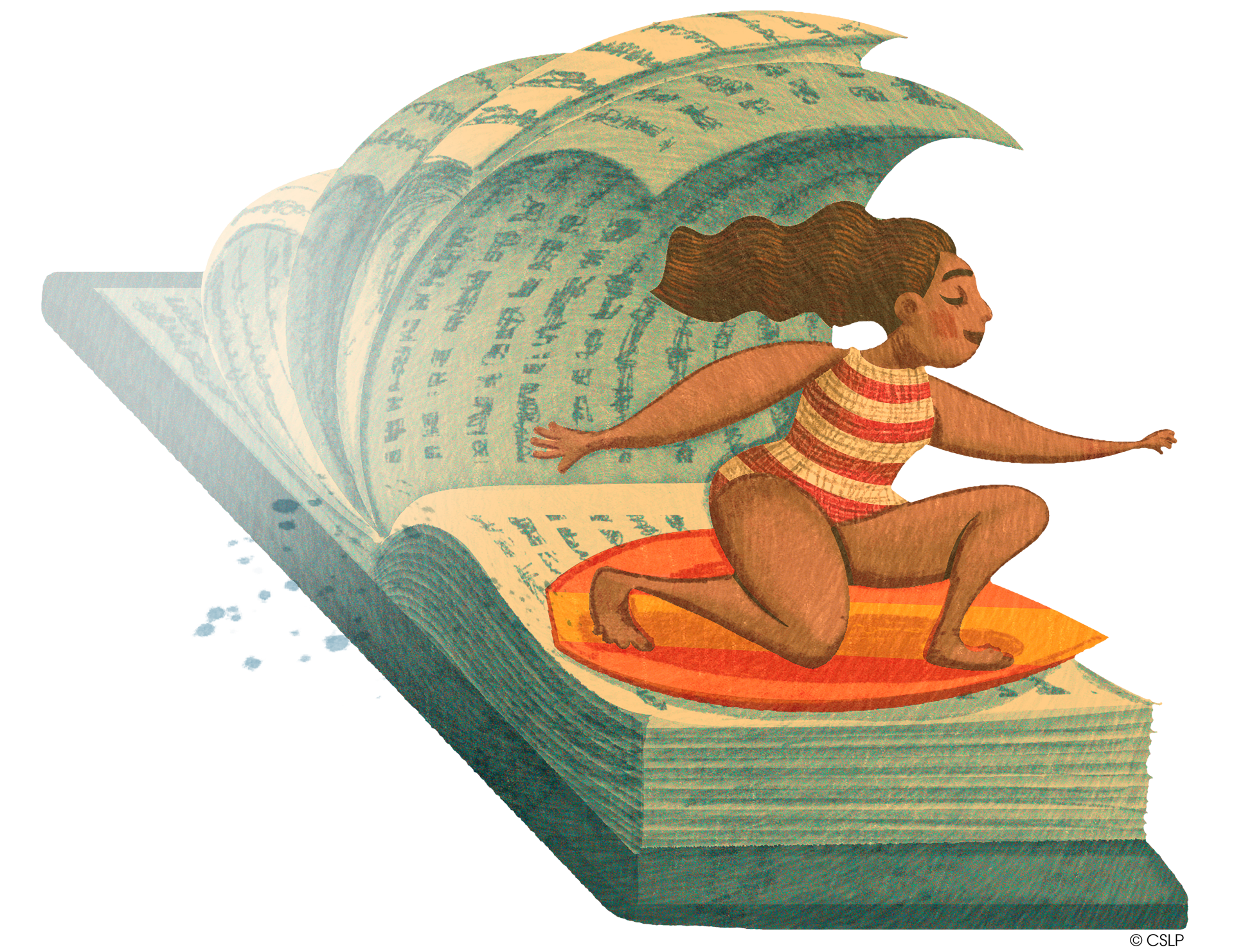 cartoon image of teen surfing inside a book