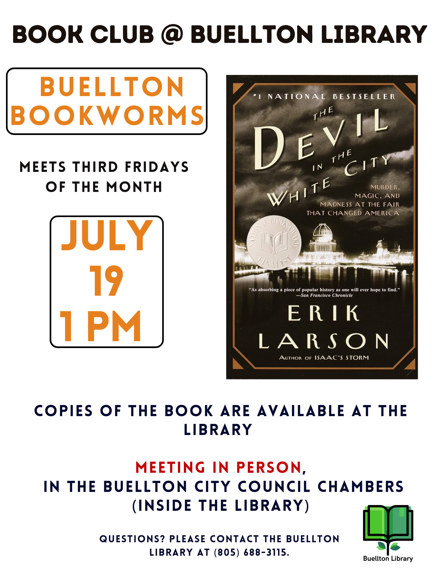 Flyer for Buellton Library July Book Club