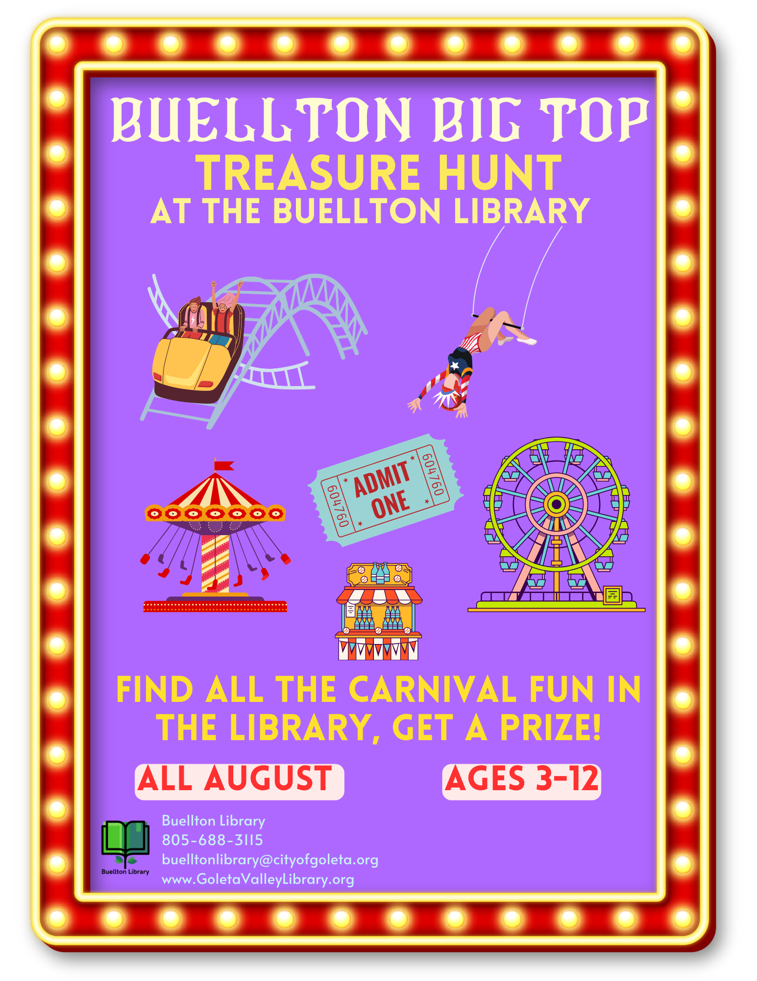 Flyer for Buellton Library August Treasure Hunt